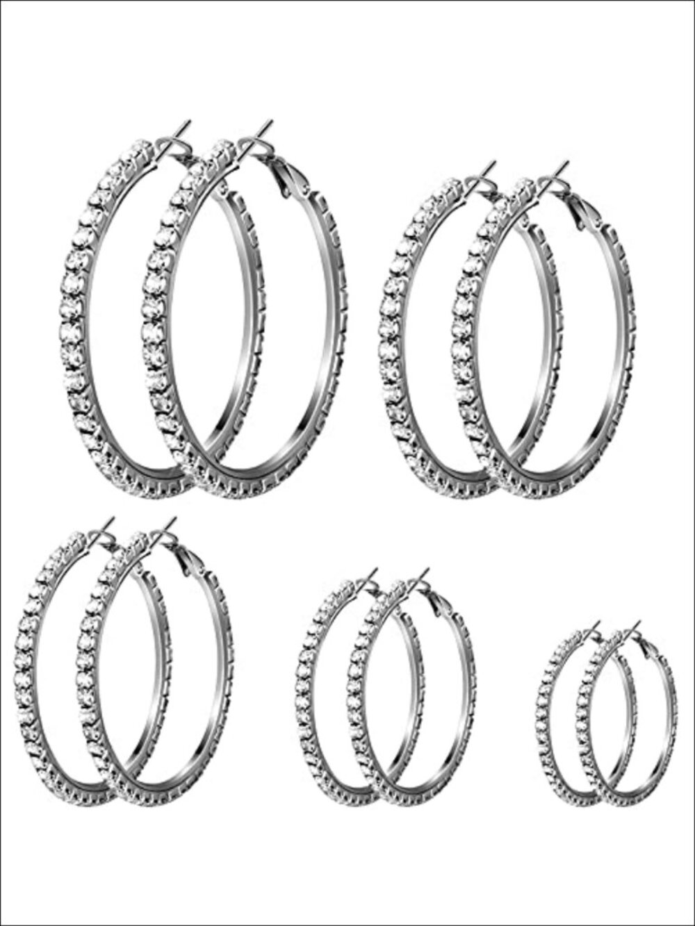 Rhinestone Hoop Earrings Set 5 Pairs Alloy Crystal Hoops 3-7cm